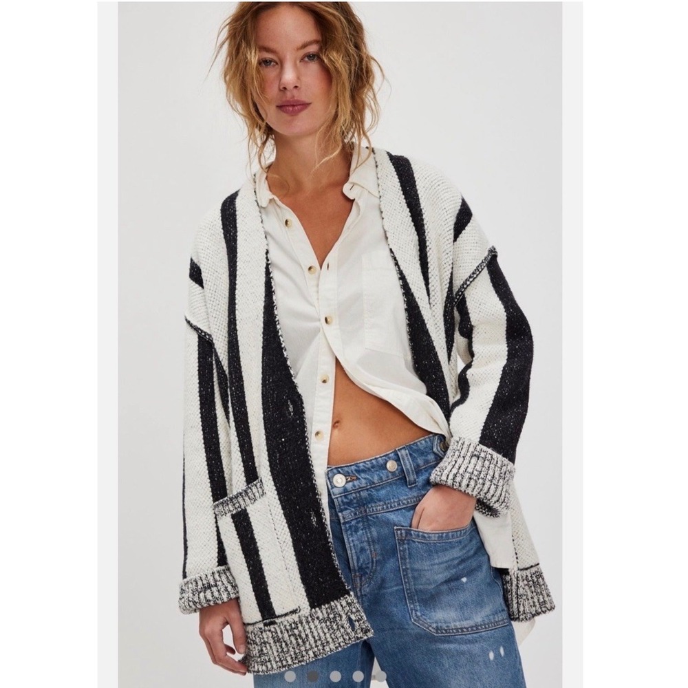 Free People Chunky Striped Knit Button Cardigan Sweater White Black Large L